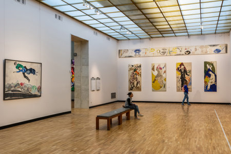 Moscow, Russia â July 7, 2017. Interior view of the New Tretyakov Gallery in Moscow. View of an exhibition hall with people and artwork.のeditorial素材