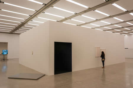 Vienna, Austria â May 24, 2017. Interior view of an exhibition space at Mumok museum in the Museumsquartier in Vienna, with people.のeditorial素材