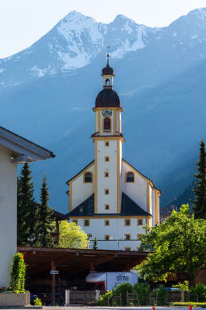 Neustift im Stubaital, Austria â May 27, 2017. Exterior view of parish church Pfarre Neustift in Neustift.のeditorial素材