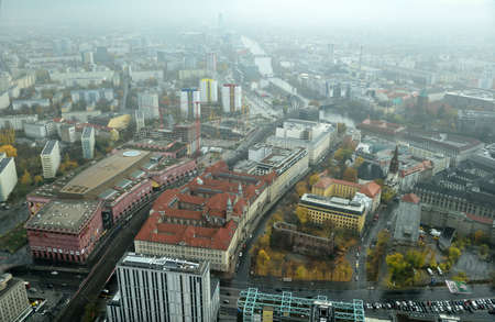 Berlin, Germany - November 11, 2018. View over Berlin, with Alexa shopping center, ruins of Franziskaner-Klosterkirche, regional court building Landgericht Berlin, commercial and residential properties.のeditorial素材