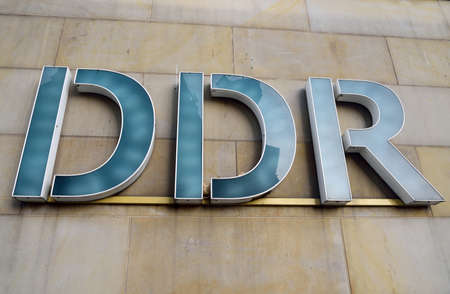 Berlin, Germany - November 10, 2018. DDR sign at the entrance to DDR Museum in Berlin.のeditorial素材