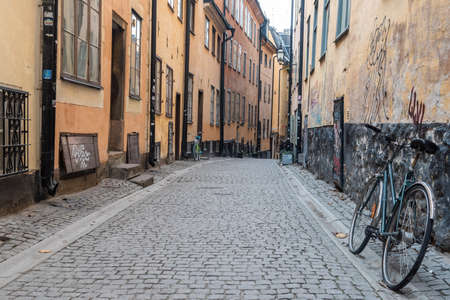 Stockholm, Sweden - November 22, 2018. Street view in Gamla Stan historic district of Stockholm, with bicycleのeditorial素材