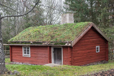 Stockholm, Sweden - November 21, 2018. Exterior view of Soldier Cottage, dating from early 19th century, at Skansen open-air museum in Stockholm.のeditorial素材