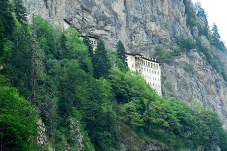 Exterior view of Sumela Monastery in the mountains on the Black Sea coast of Turkey.