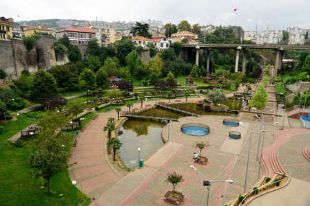 Trabzon, Turkey - September 6, 2018. View of Zagnos Vadisi park in Trabzon, with people, houses and vegetation.のeditorial素材