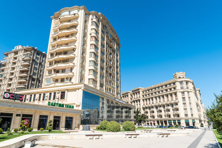Baku, Azerbaijan â€“ September 2, 2020. treet view with modern residential buildings along...