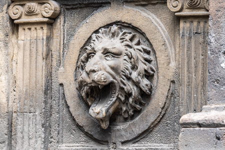Baku, Azerbaijan â September 4, 2020.  Mascaron ornament with a lion head gracing facade of the 1887 public hammam Fantasia in Baku.のeditorial素材