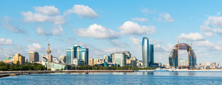 Baku, Azerbaijan â August 17, 2020. Panoramic view of Baku skyline, with modern buildings and skyscrapers along the Caspian waterfront.のeditorial素材