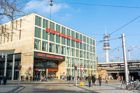 Hanover, Germany â January 27, 2018. Ernst August Galerie shopping mall on Ernst-August-Platz street in Hanover. View with people and bicycles, in winter.のeditorial素材