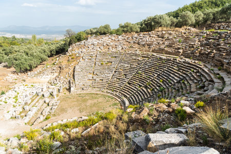 The amphitheatre of Stratonikeia ancient site in Mugla, Turkey. Stratonikeia was one of the most important towns in the interior of ancient Caria. The theater was built on a natural slope of the Kadikule Hill in the southern part of the city. The Greco-Roman type of theater is one of the structures known to date from the Hellenistic period. Based on the estimations through its present day remains, it must have hosted approximately 12.000 people.の写真素材