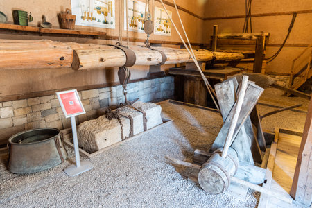 Urla, Izmir, Turkey â October 3, 2020. Interior of the olive oil production workshop at Klazomenai site in Urla town of Izmir province in Turkey.のeditorial素材