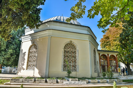 Bursa, Turkey â November 10, 2020.  Tomb of Sultan Osman in Bursa Citadel historic area. Sultan Osman was the leader of the Ottoman Turks and the founder of the Ottoman dynasty. View with people and tombs of victims of the War of Independence.のeditorial素材