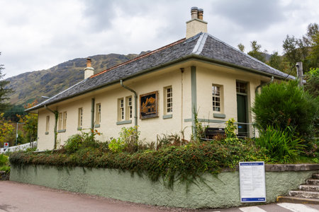 Glenfinnan, Scotland, United Kingdom â September 26, 2017. Glenfinnan Station Museum in Glenfinnan, Scotland. Exterior view on a cloudy day.のeditorial素材