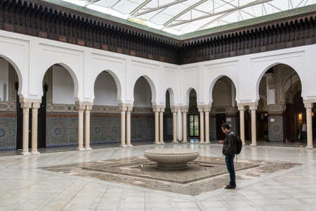 Paris, France â€“ October 2, 2017. Interior court of the Grand Mosque of Paris, located in the...