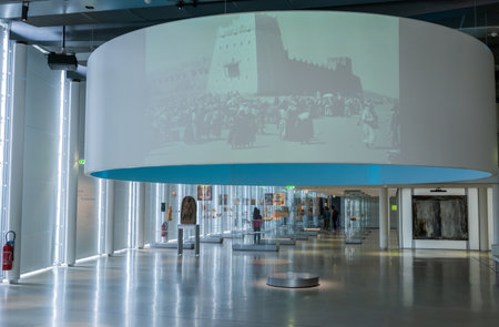 Paris, France â September 29, 2017. Interior view of Institut du Monde Arabe (Arab World Institutde) in Paris. View with people, display screen and exhibits. The institute was founded in Paris in 1980 by eighteen Arab countries with France to research aのeditorial素材