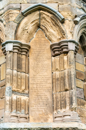 Elgin, Scotland, United Kingdom - September 18, 2017. Architectural detail of the Elgin Cathedral in Elgin, Scotland, with dedication to the late James Grant. Consecrated in 1224, the cathedral was burned down in 1390 by the infamous Wolf of Badenoch.のeditorial素材