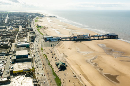 Blackpool, England, United Kingdom â September 28, 2017. View over Blackpool, toward the Central Pier, SEA LIFE and Madame Tussauds museums.のeditorial素材