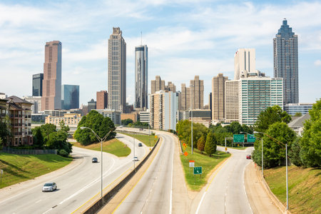 Atlanta, Georgia, United States of America â September 27, 2016.  View of Atlanta skyline from Jackson Street Bridge, across John Lewis Freedom Pkwy. The view includes Georgia Pacific Tower, 191 Peachtree Tower, Westin Peachtree Plaza Hotel, Marriott Maのeditorial素材