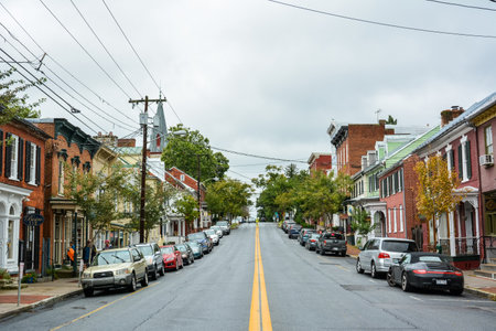 Shepherdstown, West Virginia, United States of America â September 28, 2016. View of German Street in Shepherdstown, WV. View with cars and people on a cloudy day.のeditorial素材