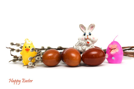 Happy Easter. Rabbit with Easter eggs and pussy willow. Photo.の写真素材