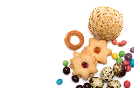 Tea time. Cookies with colored candies. Photo.