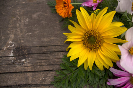 Bouquet of colorful flowers on a wooden board. Photo.