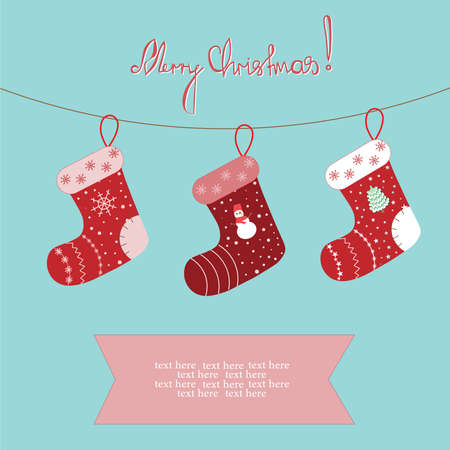 Postcard with a picture of Christmas socks hanging from a rope. Vector illustration.のイラスト素材