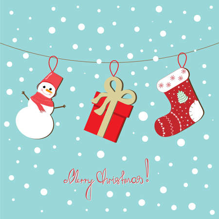A postcard that depicts Christmas decorations in the form of a sock, a snowman, and a gift box hanging on a rope. Vector illustration.のイラスト素材