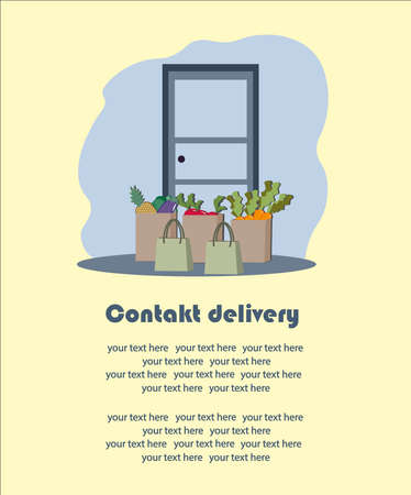 Contactless food delivery to your door. Online shopping. Vector illustration. Text.のイラスト素材