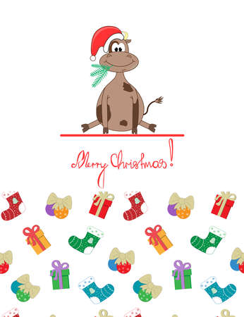 Postcard for a child with a bull and Christmas attributes.のイラスト素材