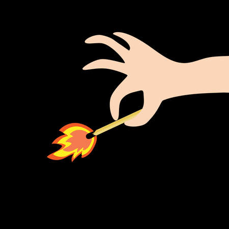Hand holds a burning match on a black background. Vector illustration.のイラスト素材