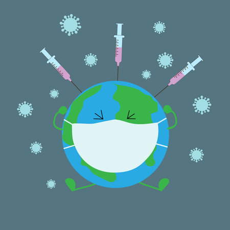A planet in a medical mask is injected with syringes with a vaccine. Flat vector illustration. Pandemic.のイラスト素材