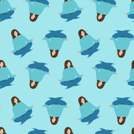 The girl in the lotus position is engaged in meditation. Seamless blue background.Vector...