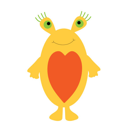 Cute yellow alien monster with a red heart on his belly. Isolated vector illustrations. UFO.のイラスト素材