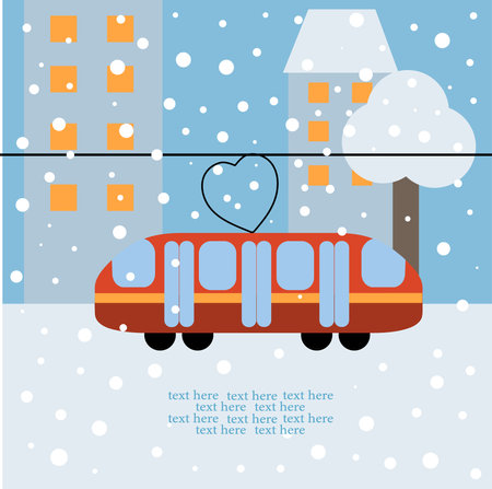 The trolleybus is driving on a snowy road, the antenna of which is in the form of a heart. Flat vector illustration.のイラスト素材