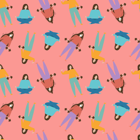 Seamless red background with the image of girls involved in different sports. Vector illustration. Sport. Yoga.のイラスト素材