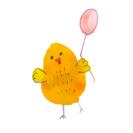 Funny yellow chicken with a red air balloon on a white background. Watercolor vector illustration. Easter holiday. Isolated.のイラスト素材