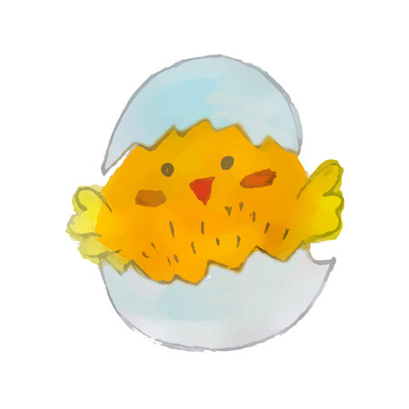 Yellow chicken hatched from the shell on a white background. Watercolor vector illustration. Easter holiday. Isolated.のイラスト素材