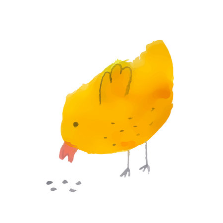 Cute yellow chicken pecks grains on a white background. Watercolor vector illustration. Easter holiday. Isolated.のイラスト素材
