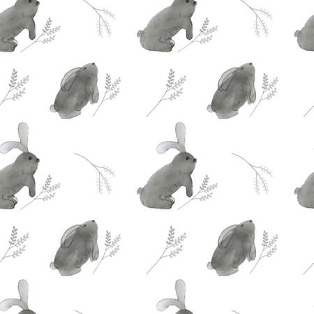 Cute rabbit with Easter pussy willow branch on a white background.のイラスト素材