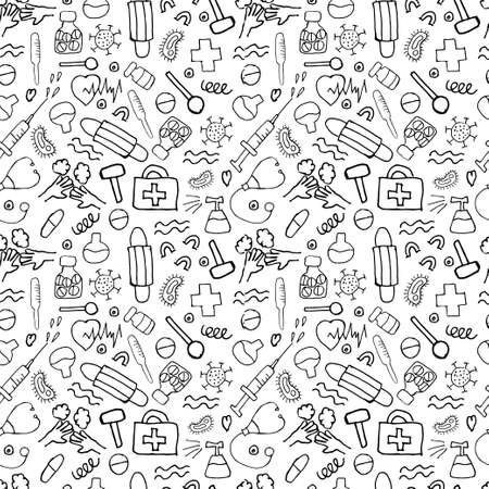 Seamless doodle with pandemic medical supplies on a white background.のイラスト素材