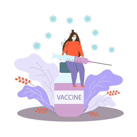 The girl sits on an ampoule with a vaccine with a syringe.のイラスト素材