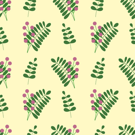 Wallpaper with a green branch of leaves and berries on a yellow background. Background. Seamless...