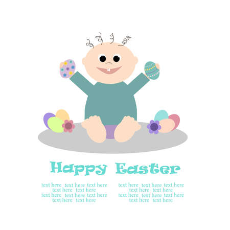 Kid with Easter colored eggs. Easter holiday. Vector illustration. Greeting card.のイラスト素材