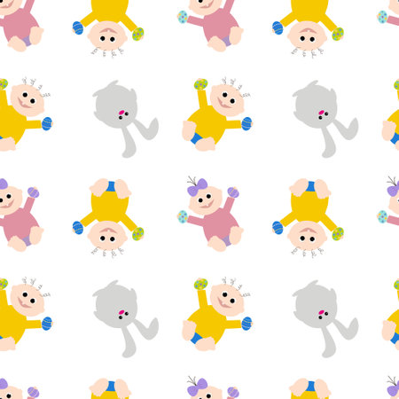 Kids with colored eggs and Easter bunny on a white background. Easter holiday. Seamless vector illustration. Background.のイラスト素材