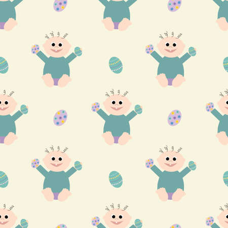 Kid holding Easter eggs on a yellow background. Easter holiday.のイラスト素材