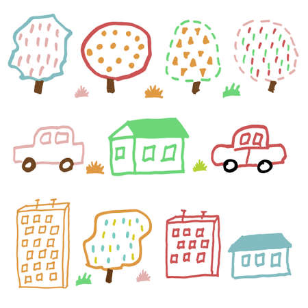 Set of illustrations with city life, houses, trees, cars. Set of trendy, modern textures. Vector illustration.のイラスト素材