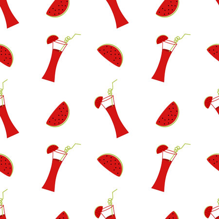 Illustration with watermelon cocktail and watermelon slices on a white background. Seamless vector...