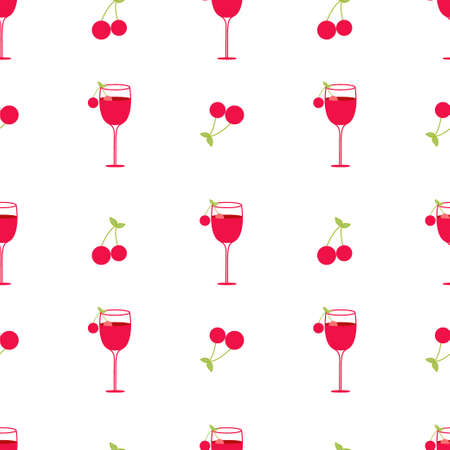 Illustration depicting a cocktail with cherries and a green leaf on a white background. Seamless vector background. Wallpaper. Screensaver.のイラスト素材