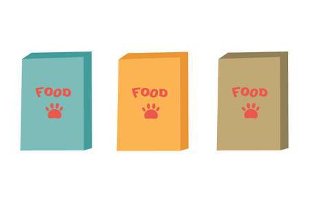 Dry food boxes for dogs and cats. Food with vitamins for animals. Shop concept. Flat isolated vector illustration. Icons.のイラスト素材